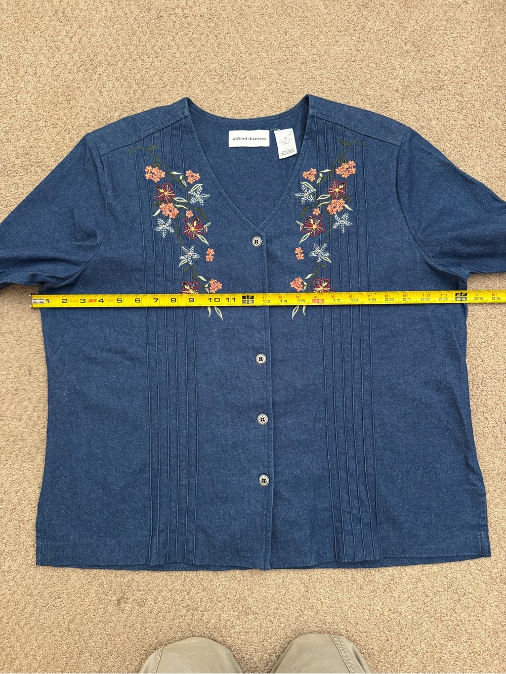 Alfred Dunner Navy Blue Embroidered Button-Front Short Sleeve Top